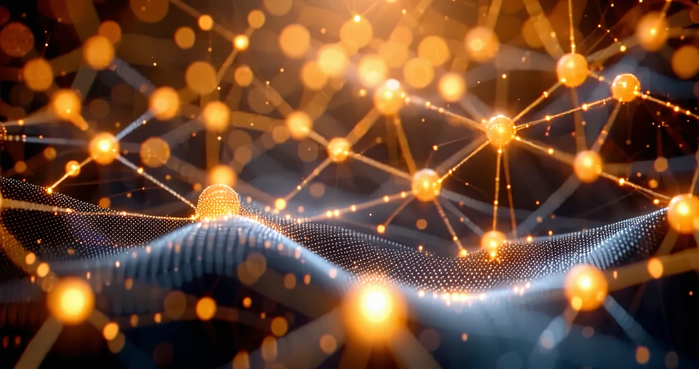 Abstract call graph network visualization with amber glowing nodes on dark background, representing code dependency analysis
